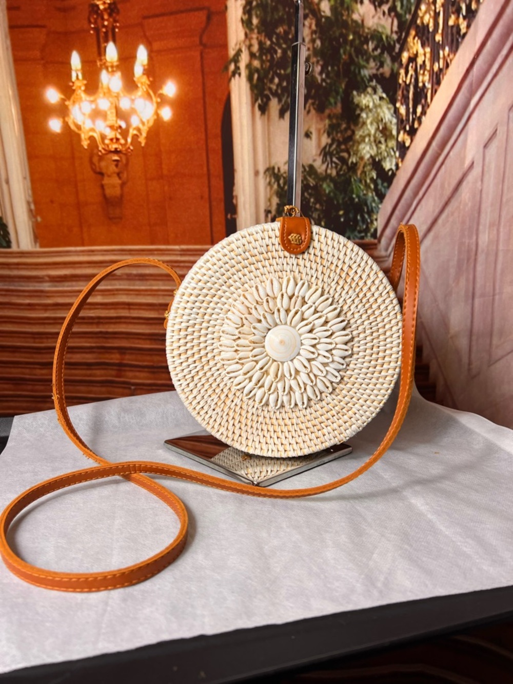 Rattan Seashell Woven Canteen Crossbody Bag Tan Strap, Cream Body, Indonesia